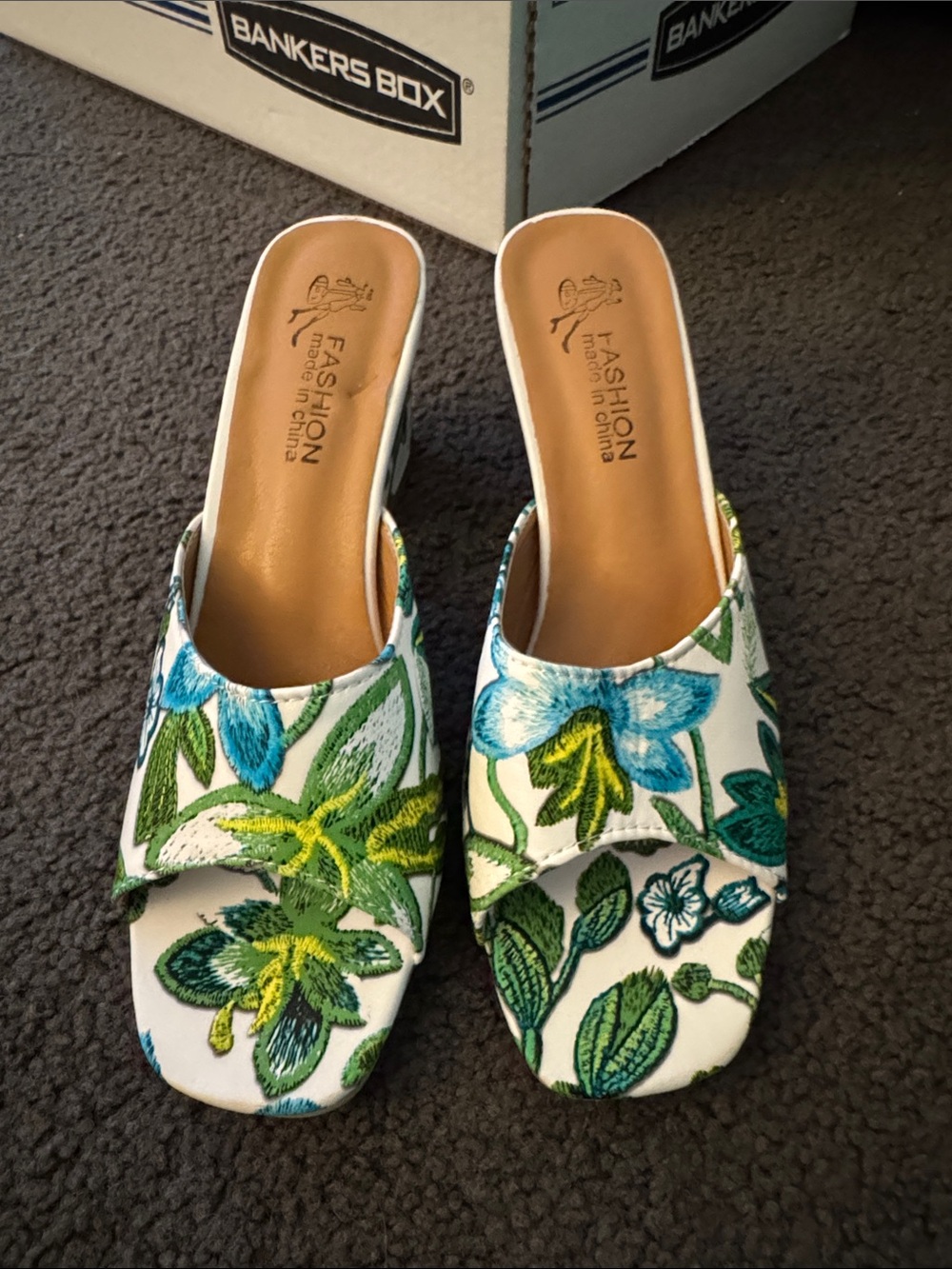 Fashion Bug White Floral Embroidered Mules with Blue & Green Accents